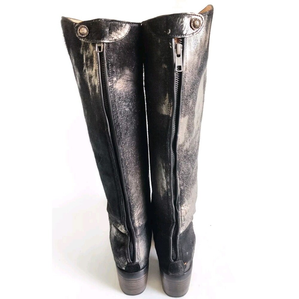 Frye Black‎ Pewter Metallic Leather Calf Hair Size 6 Knee High Tall Riding Boots - Picture 6 of 13